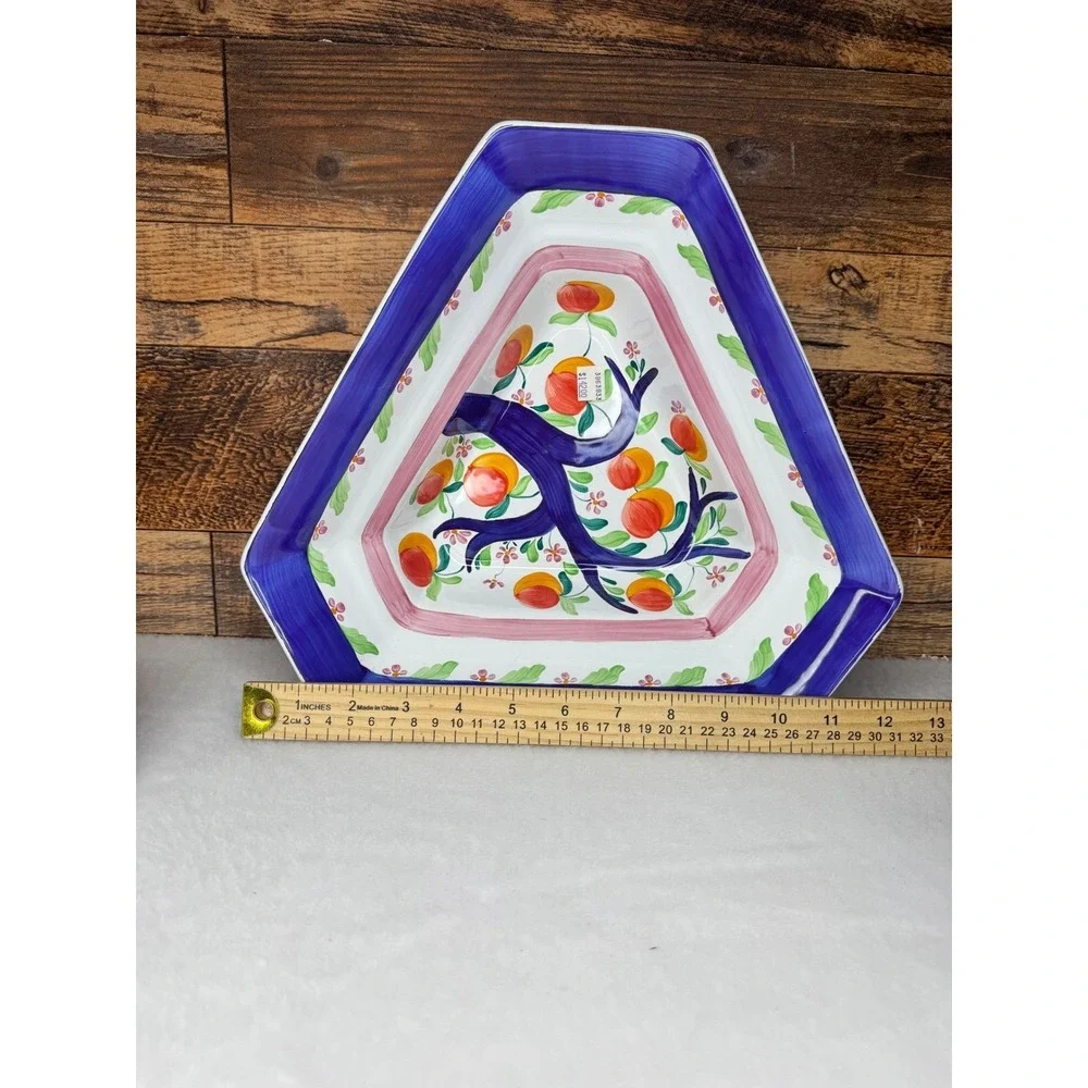 Herend Village Pottery Peach Tree Platter & Triangle Bowl Set Blue Pink‎